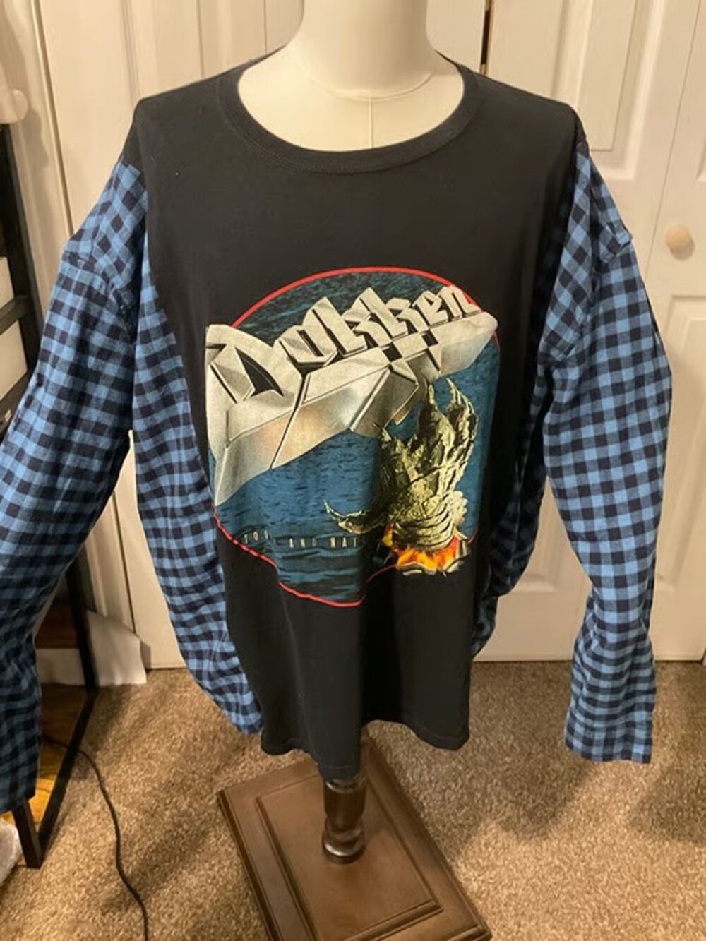 Dokken Upcycled Graphic T-Shirt with Flannel Sleeves - OSFM